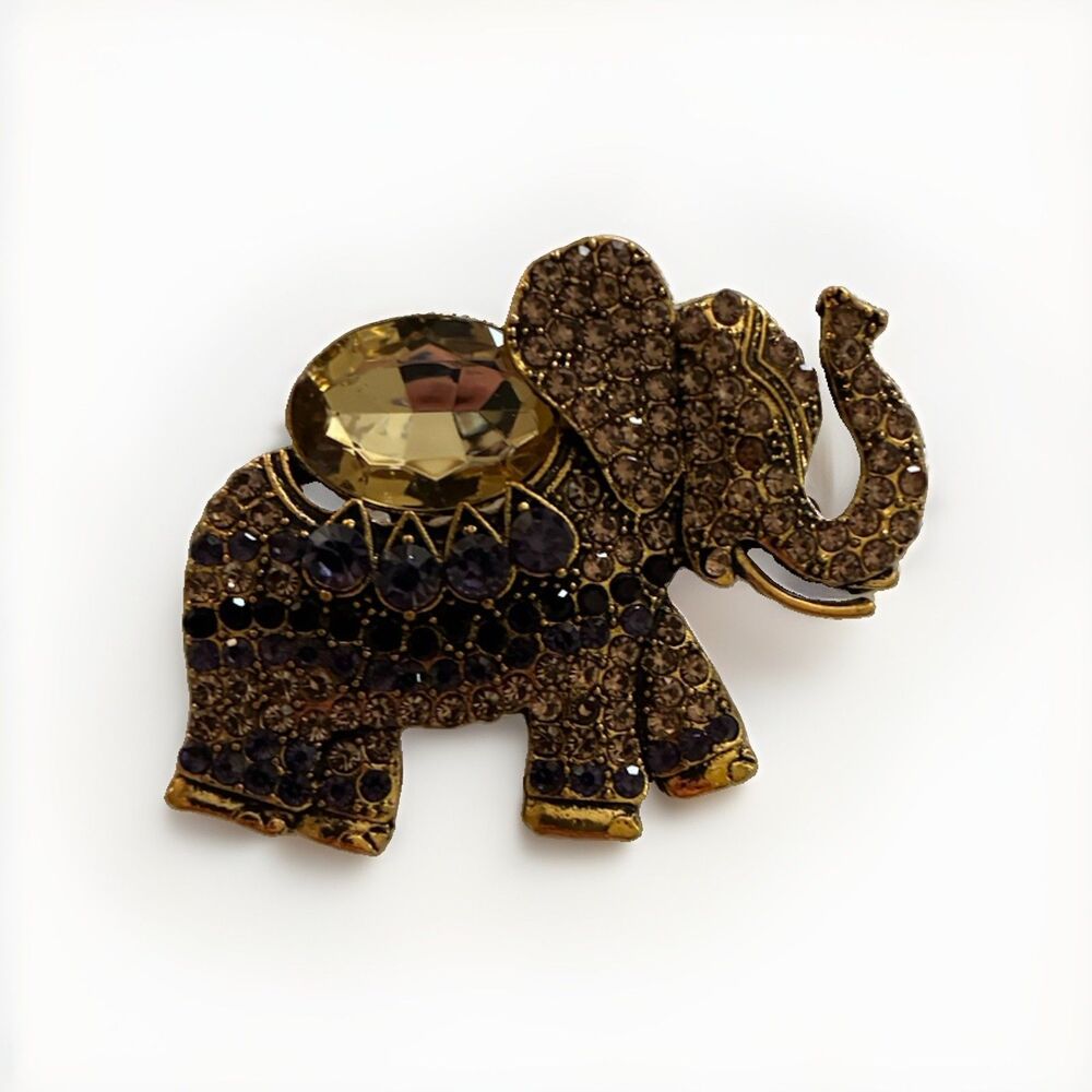 Vintage Style Gold Tone Rhinestone Elephant Brooch Pin Large Crystal Jewel